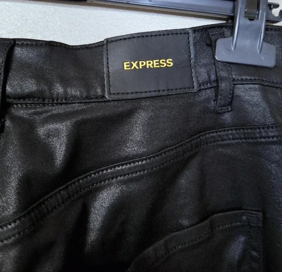 Express Black Faux Leather Wax Soft Lightweight Flare Super High Rise Jeans - Picture 8 of 14